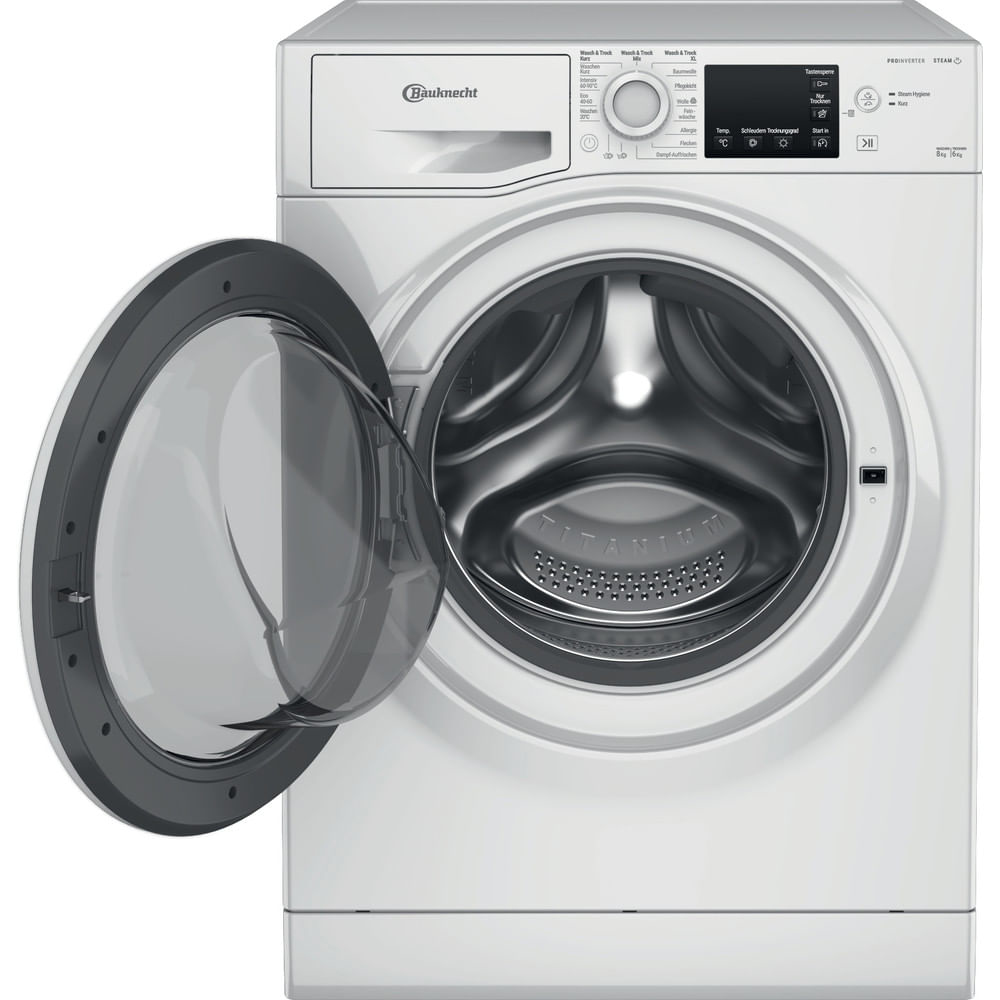 Eine weiße Waschmaschine mit geöffneter Tür, die die Trommel zeigt.