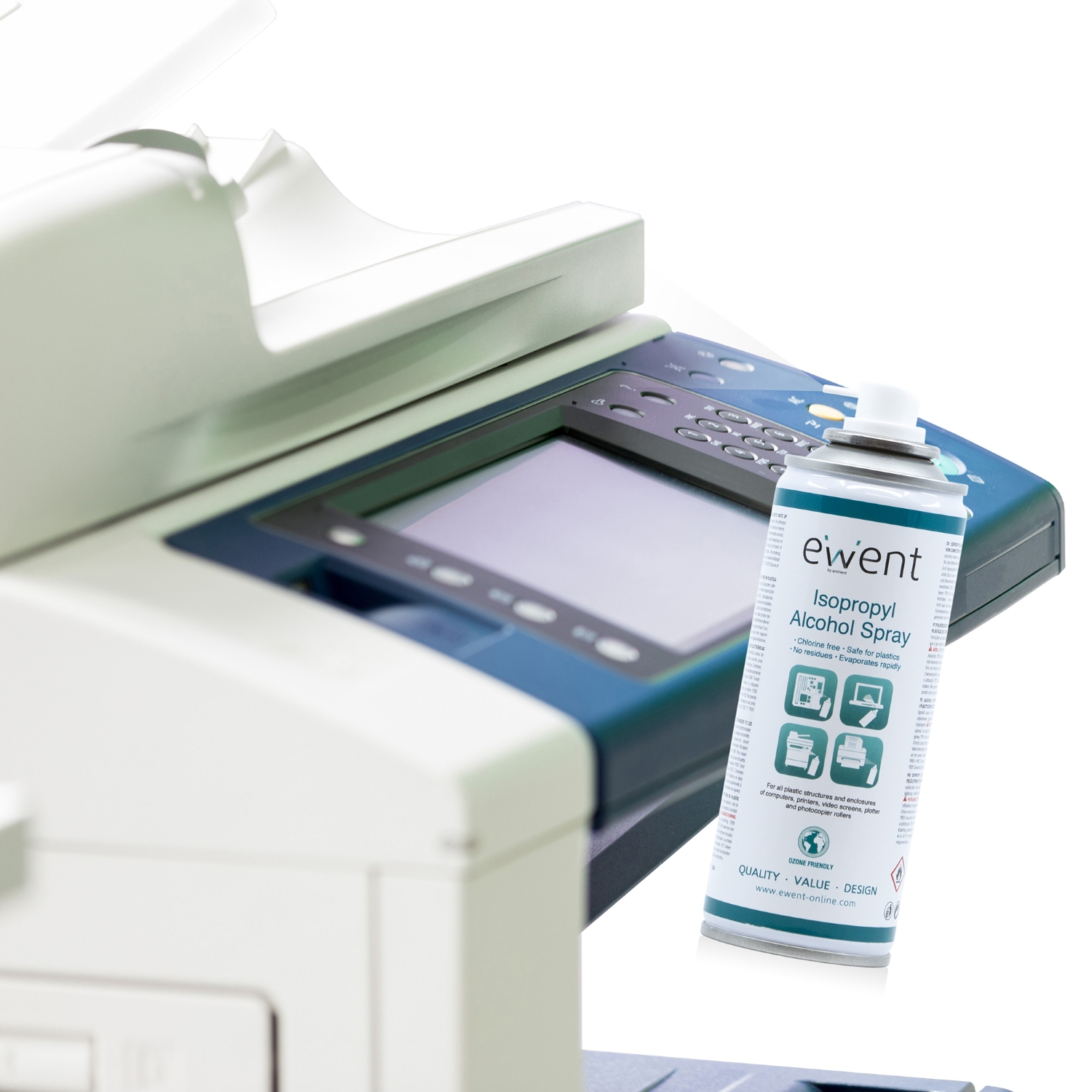 Drukarka z butelką sprayu z alkoholem izopropylowym obok.