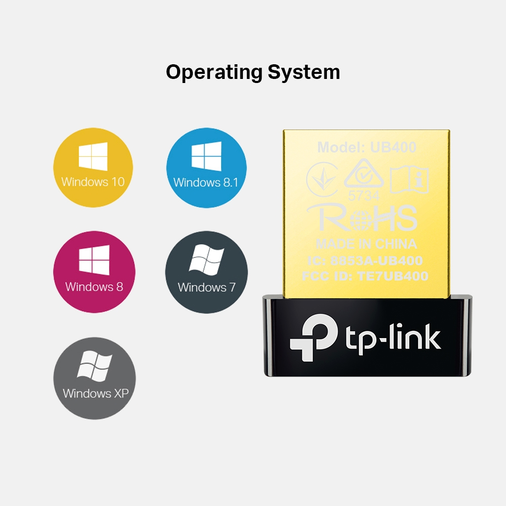 Obrazek przedstawia różne systemy operacyjne Windows. Adapter USB TP-Link z modelem UB400.