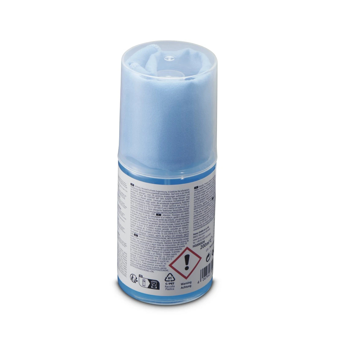 Bomboletta spray blu e bianca con etichetta informativa.