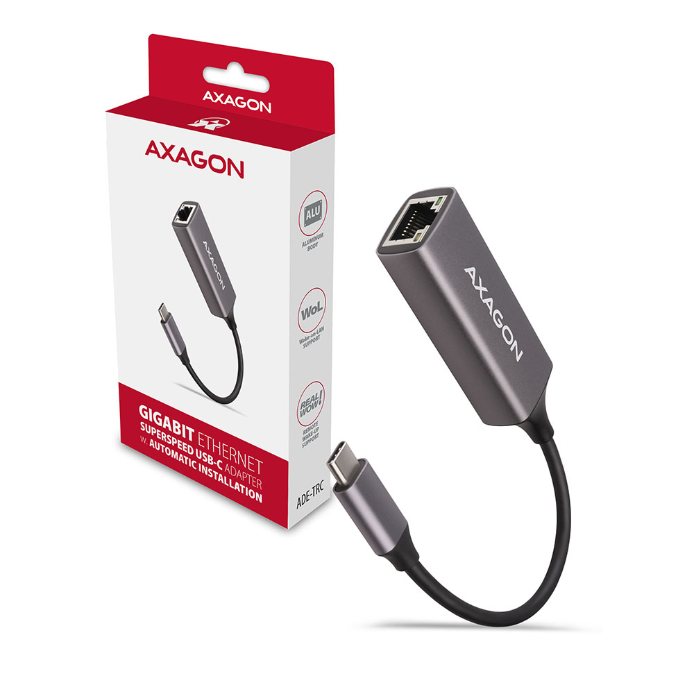 Szary adapter USB-C na Ethernet. Czarny kabel. Pudełko i adapter marki Axagon.