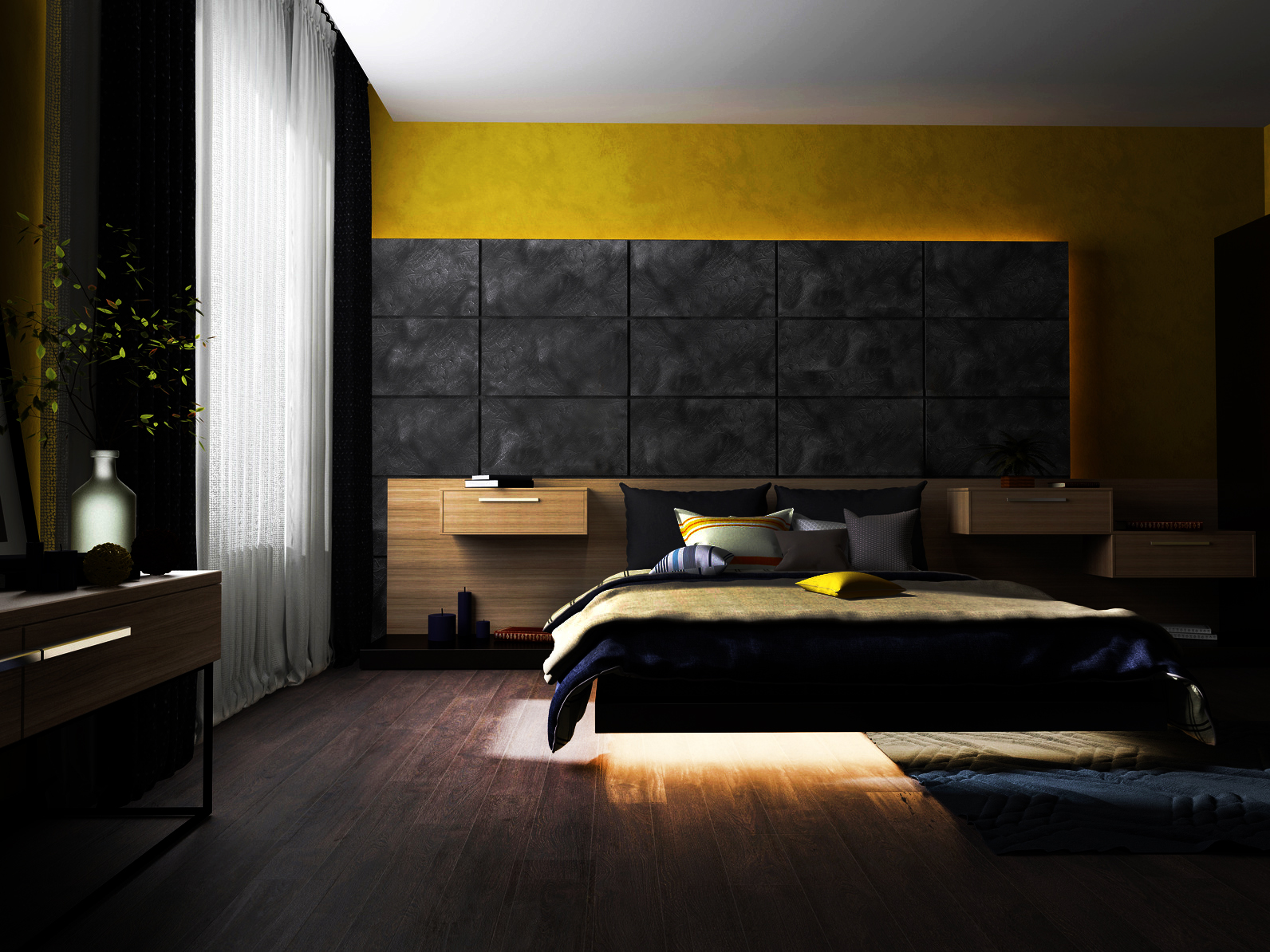Ein modernes Schlafzimmer-Interieur mit Bett, Nachttischen, großem Kopfteil und gelber Wand.