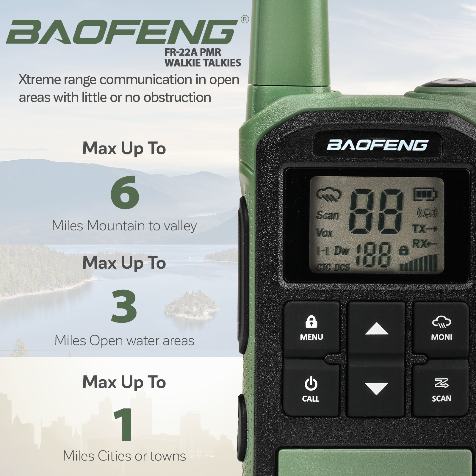 Walkie-talkie verde y negro con pantalla digital.