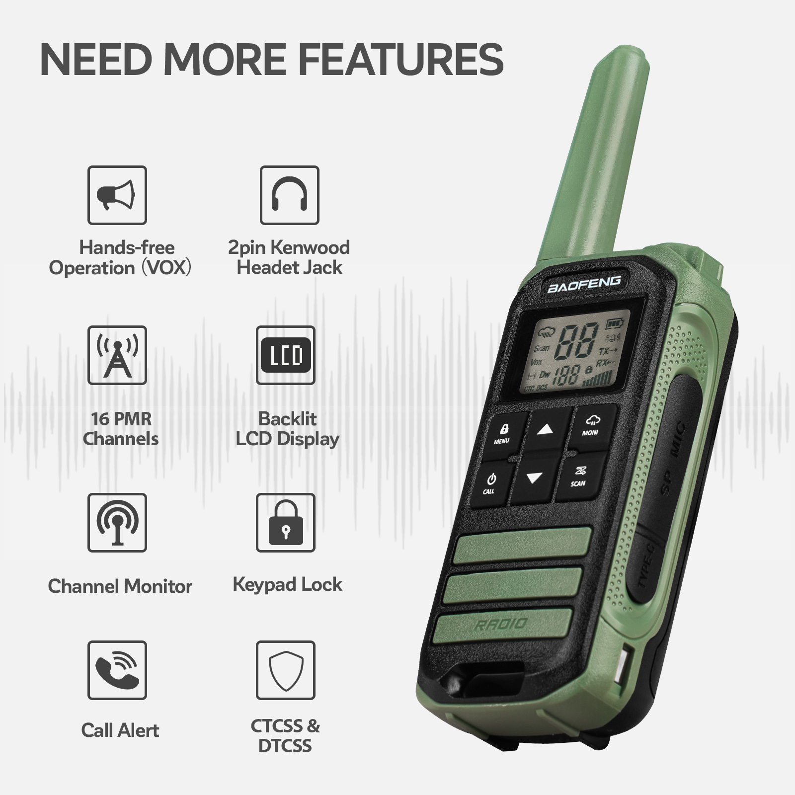 Walkie-talkie verde y negro con botones y pantalla. El texto destaca las características.