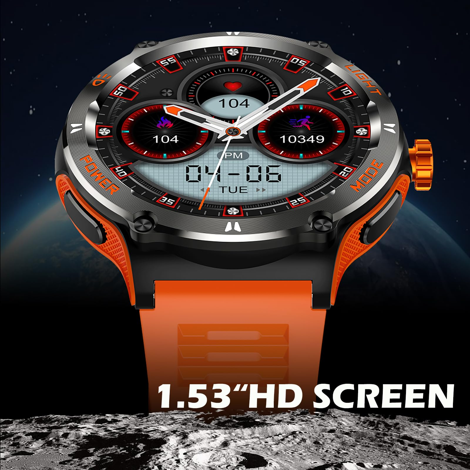 Schwarz-orange Smartwatch mit Digitalanzeige, die Zeit, Herzfrequenz und andere Daten anzeigt.