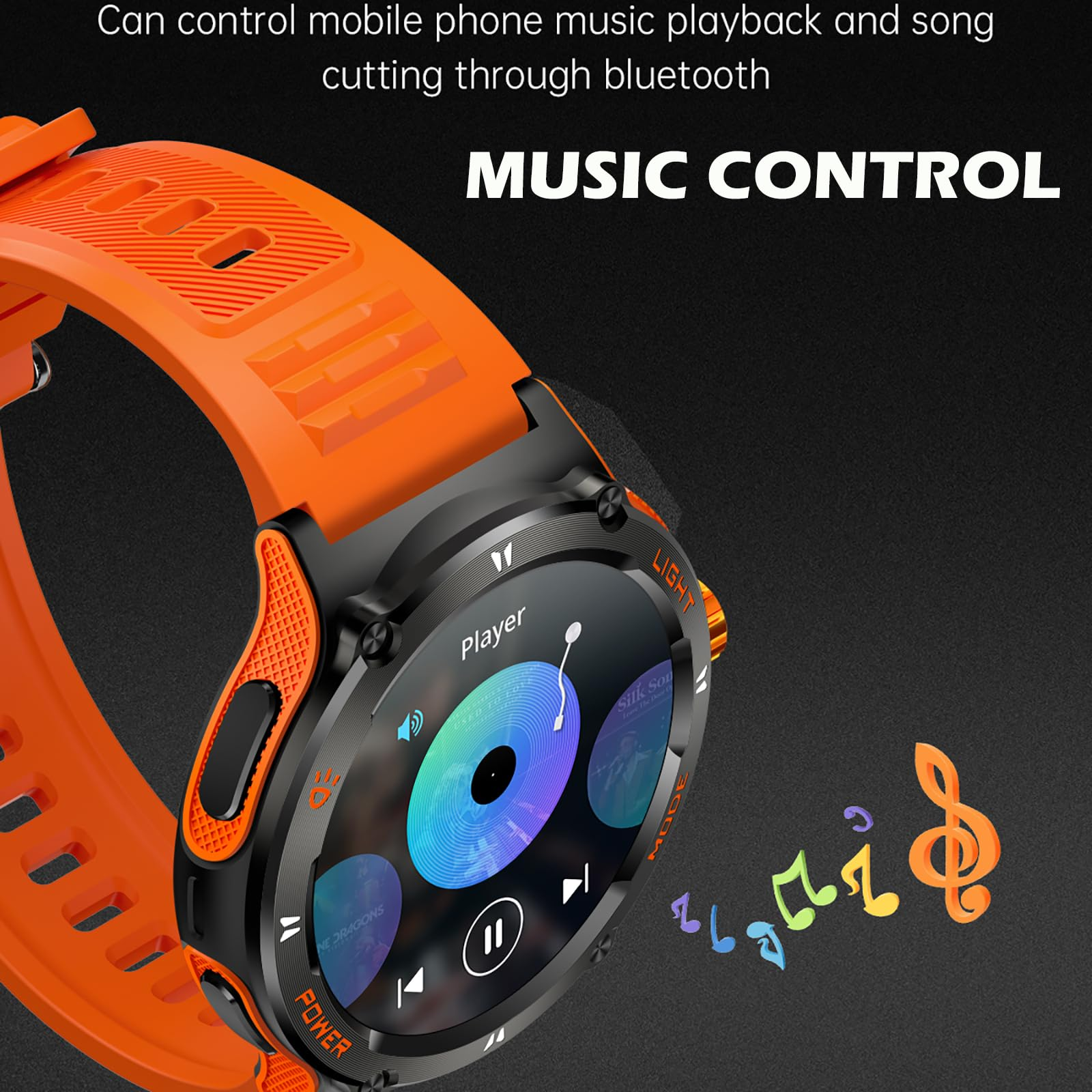 Orange Smartwatch mit schwarzer Lünette, zeigt Musik-Steuerungsoberfläche. Bunte Noten-Icons sind vorhanden.