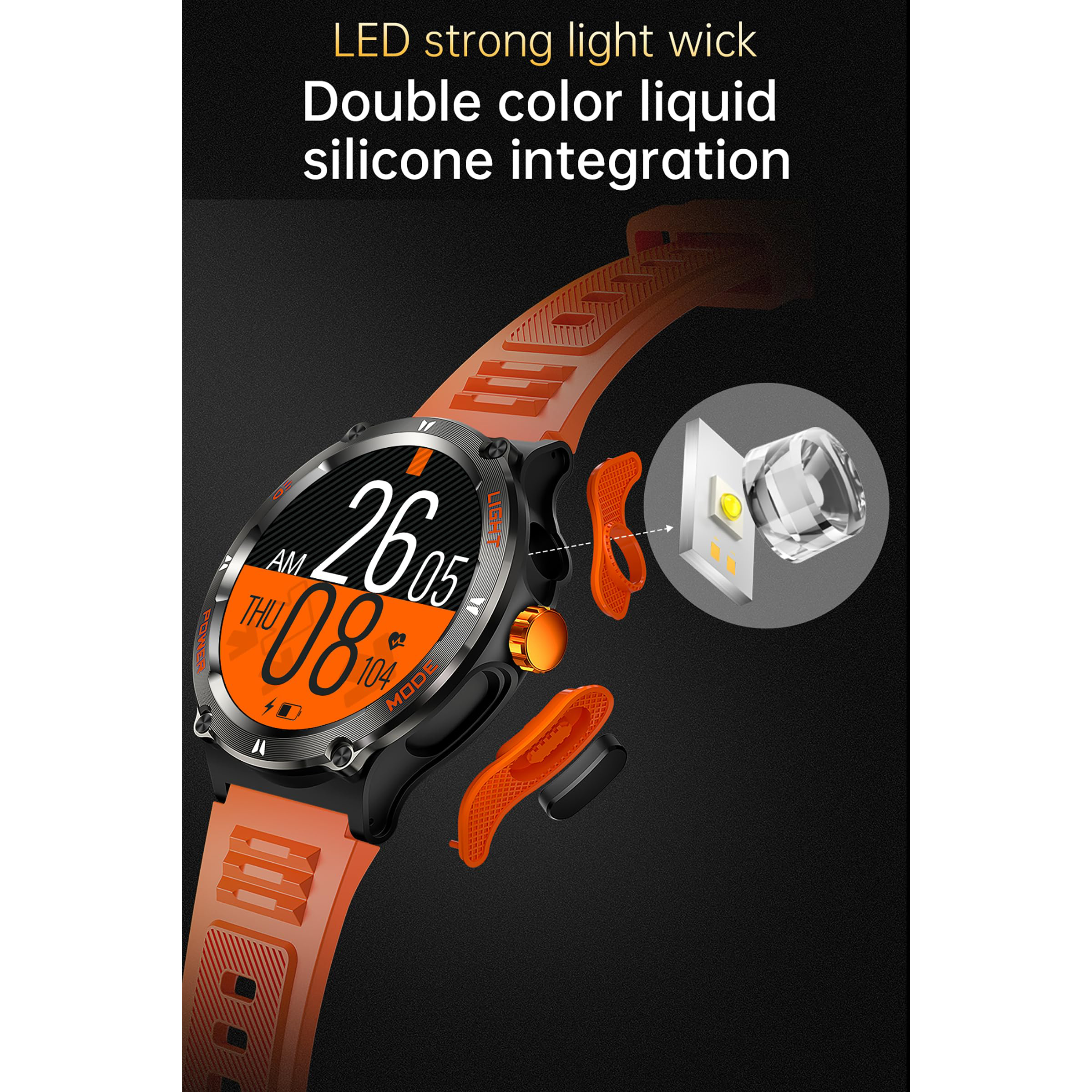 Smartwatch mit orangefarbenem Armband. Das Zifferblatt zeigt Zeit und andere Informationen.