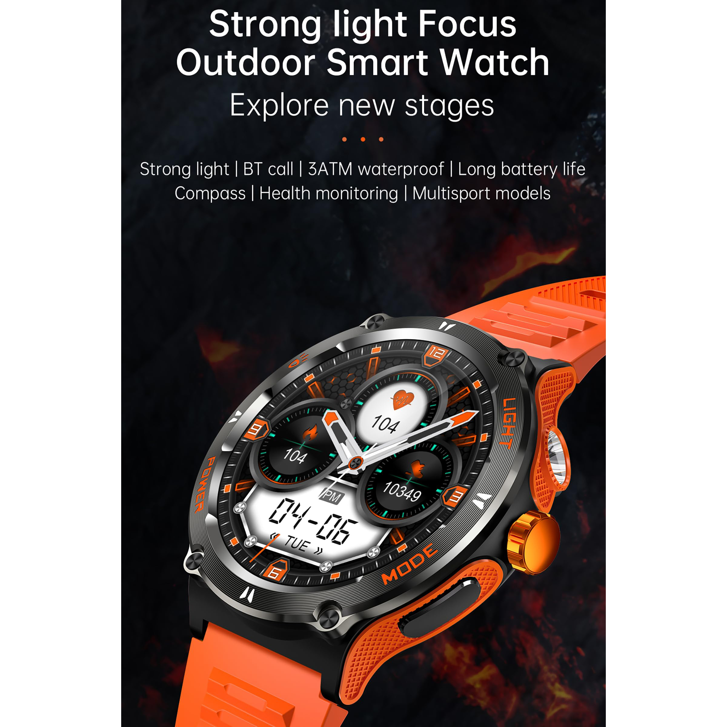 Smartwatch mit orangefarbenem Armband, zeigt die Uhrzeit und Daten.