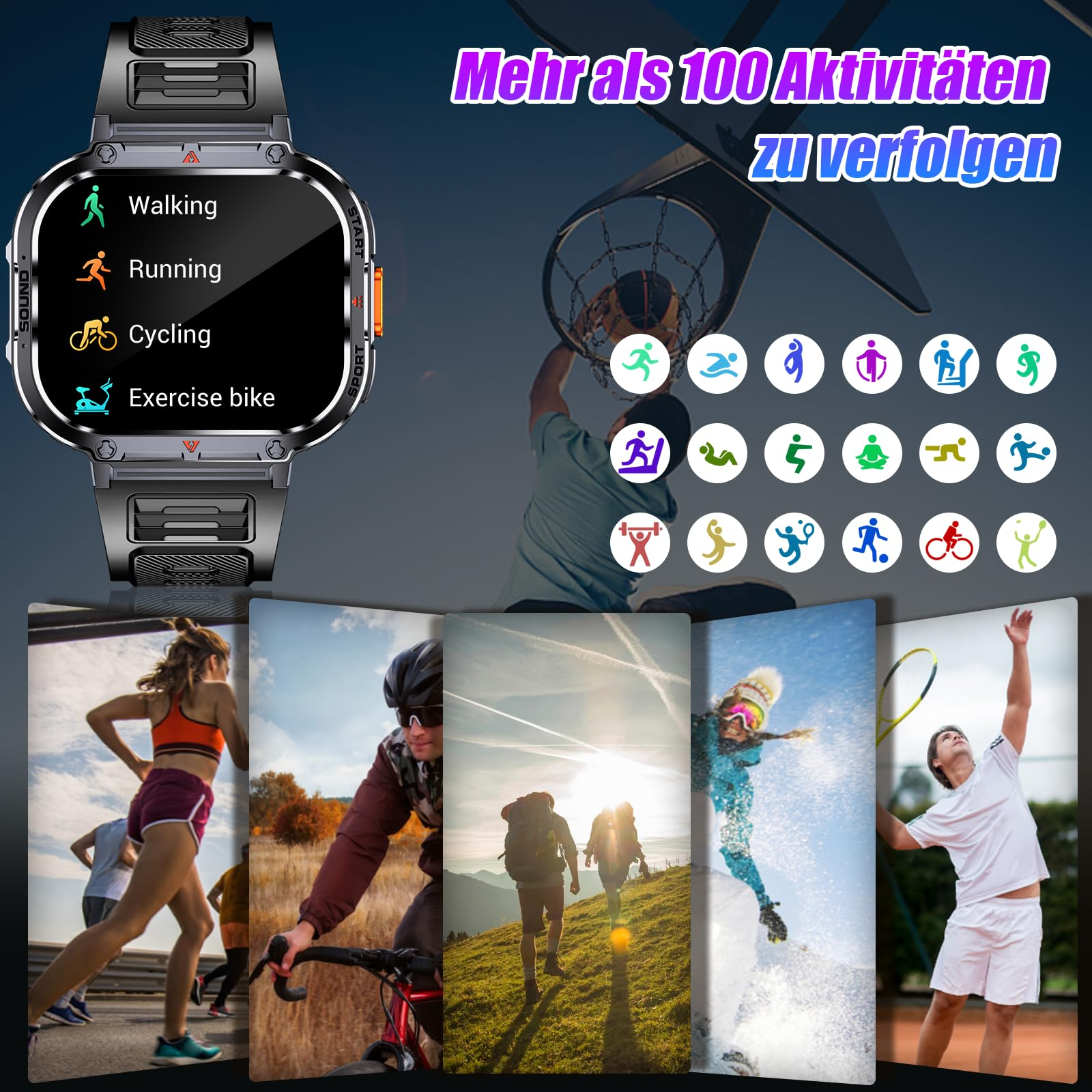 Schwarze Smartwatch mit Aktivitätssymbolen und Sportbildern im Hintergrund.