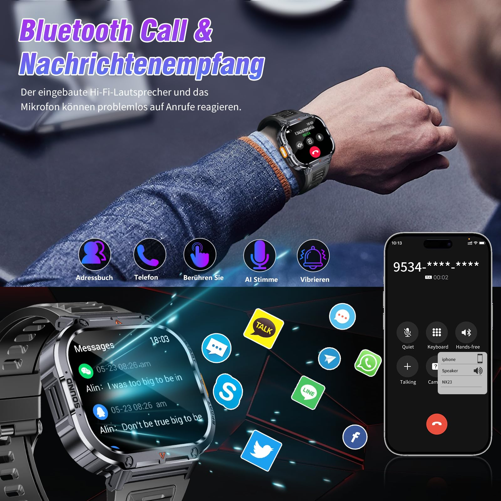 Eine Smartwatch am Handgelenk zeigt Nachrichten und eine Anrufoberfläche sowie andere Symbole an.