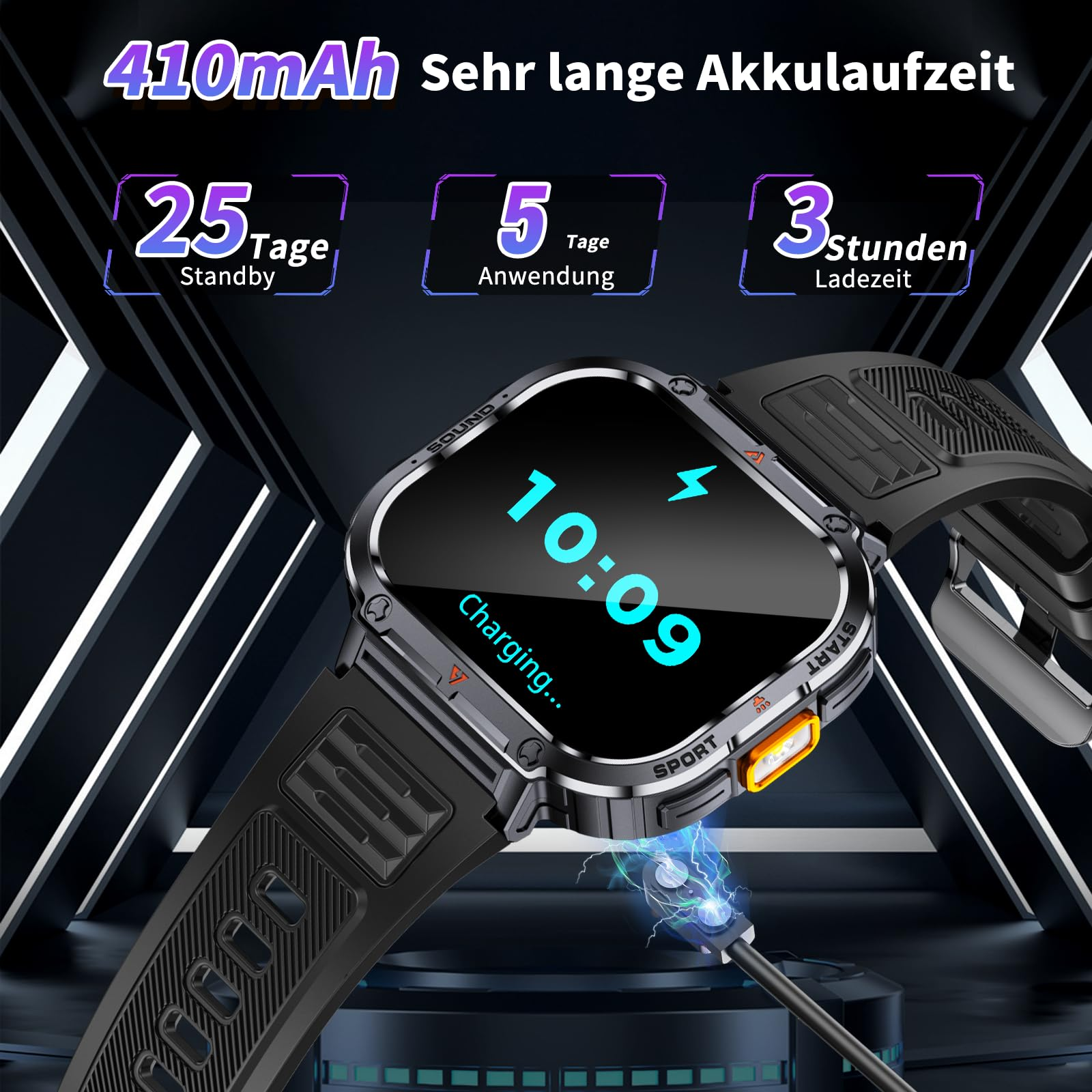 Eine schwarze Smartwatch wird geladen. Der Bildschirm zeigt Uhrzeit und Ladestatus.