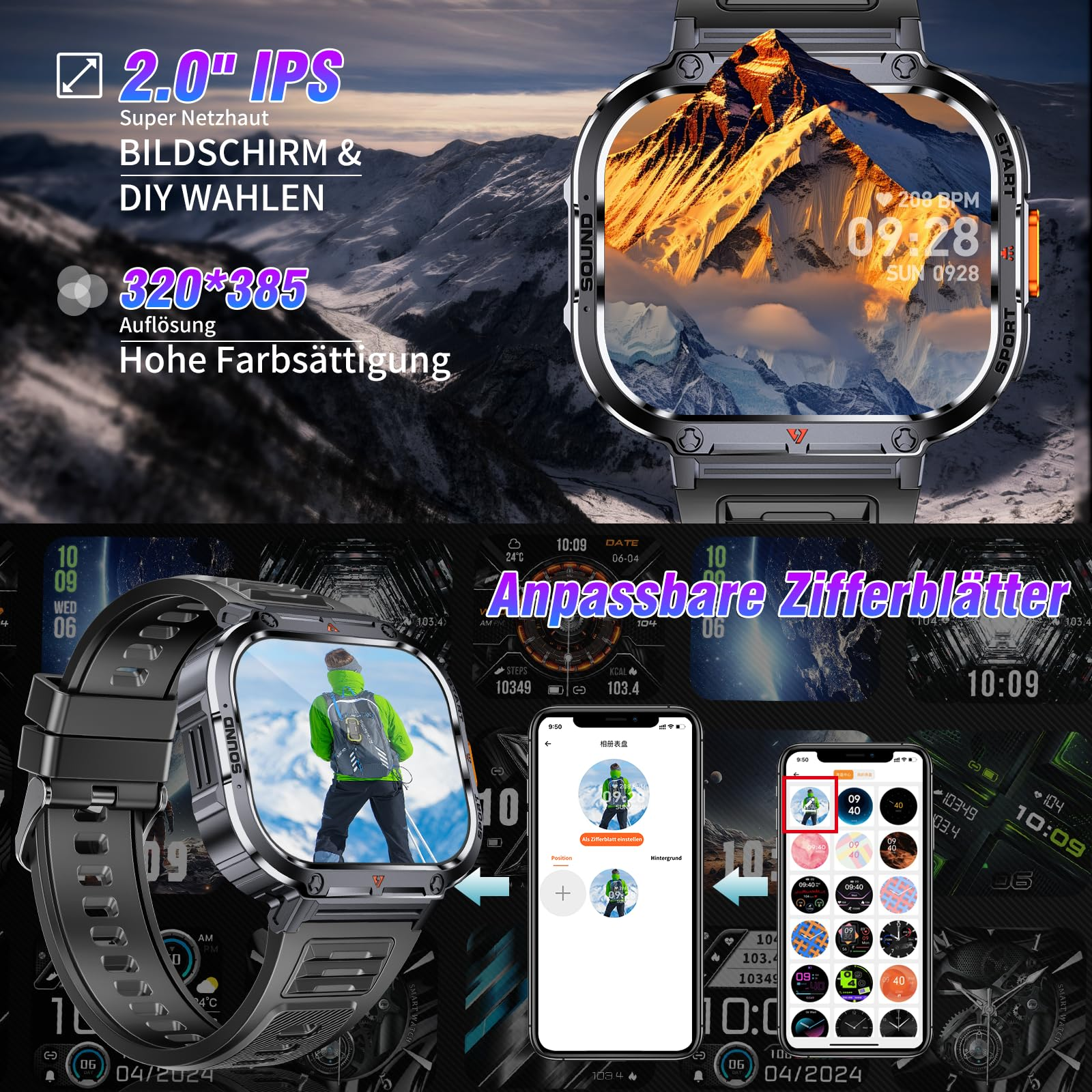 Smartwatch mit Berg-Bild, anpassbaren Oberflächen und Zeitanzeige.