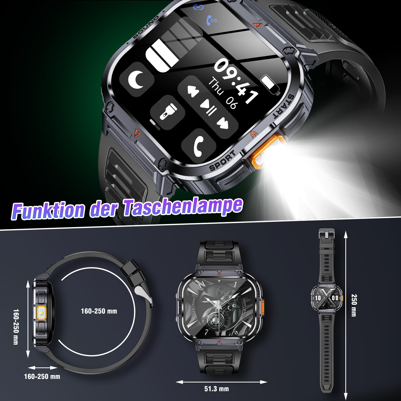 Schwarze Smartwatch mit hellem Bildschirm und mehreren Ansichten der Uhr und Abmessungen.