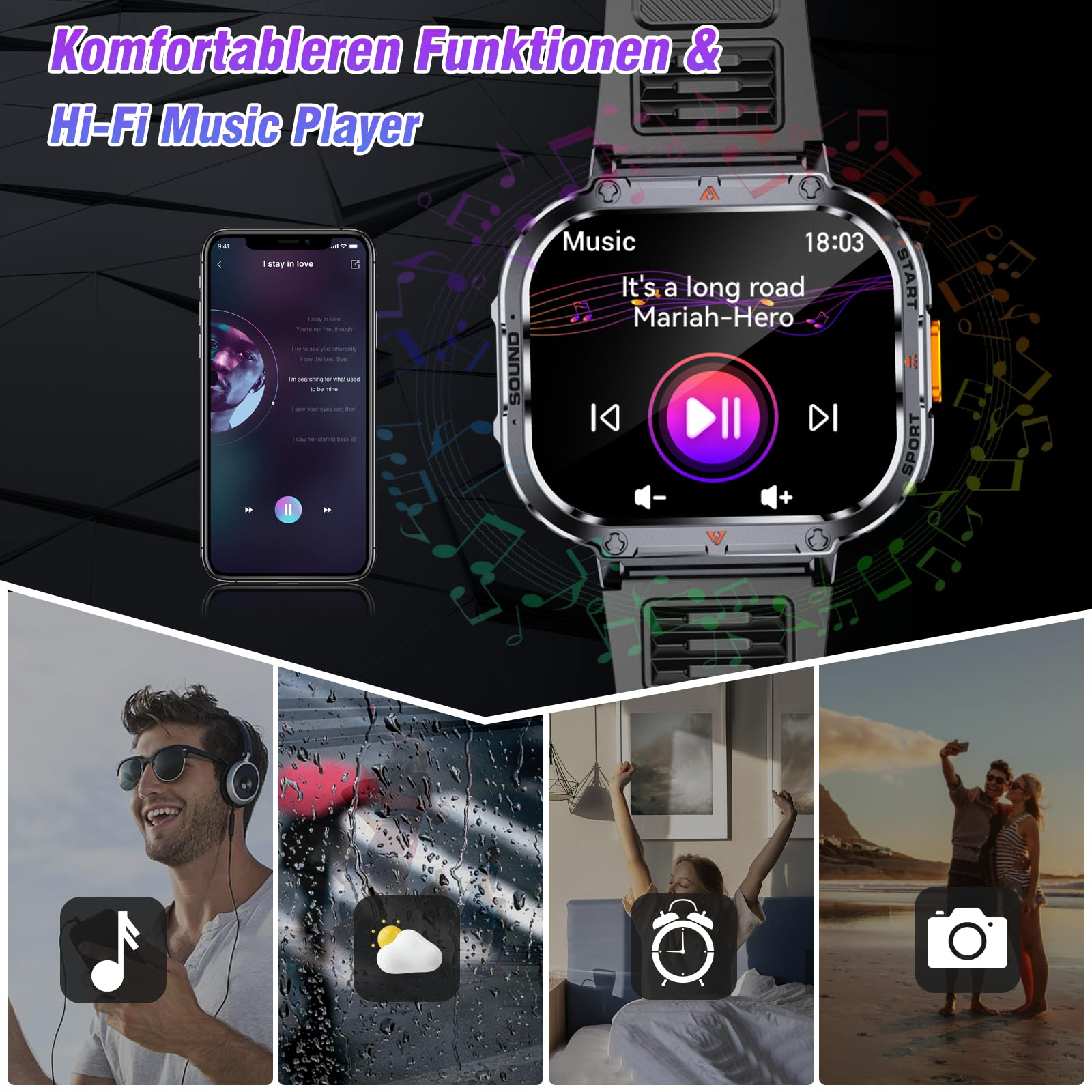 Smartwatch, das Musik-App und andere Funktionen zeigt: Musik hören, Wetter, Wecker und Kamera.