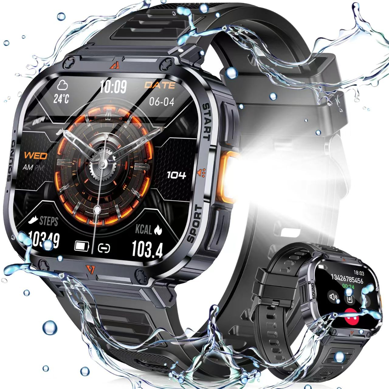 Schwarze Smartwatch mit Wassereffekten, zeigt Zeit und Gesundheitsdaten.