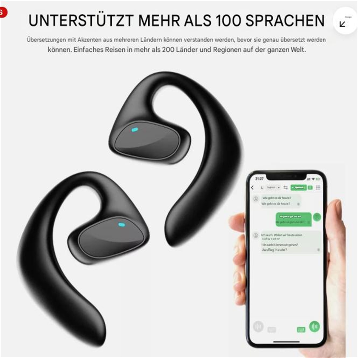 Schwarze Ohrhörer mit Telefon, das Chat anzeigt, Text: Übersetzung in mehreren Sprachen.