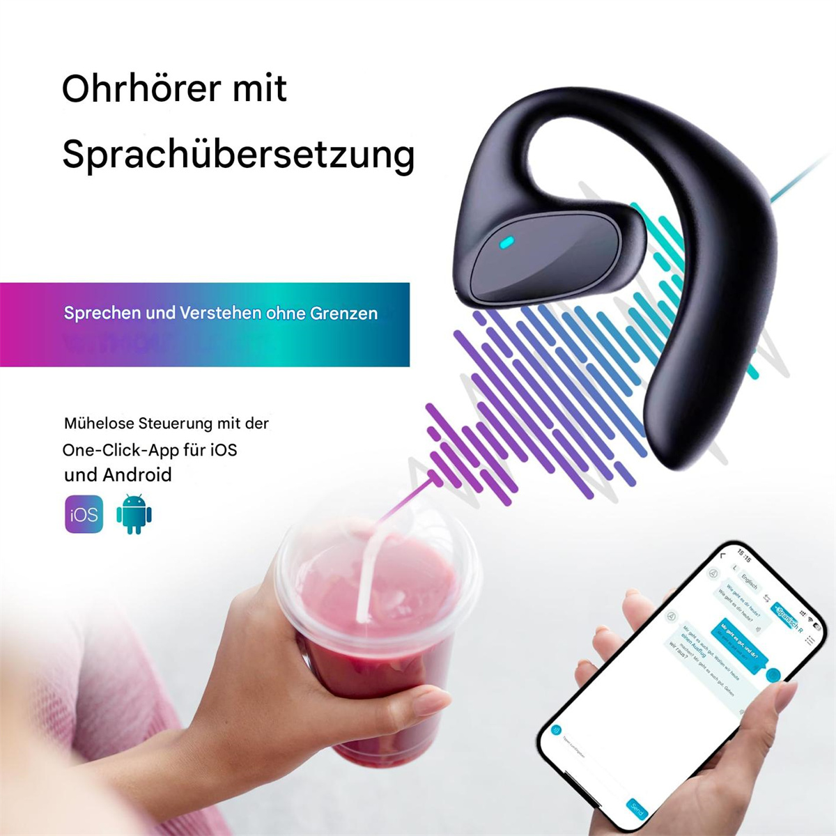 Kopfhörer mit Text und Smartphone mit App-Oberfläche, hält ein Getränk.