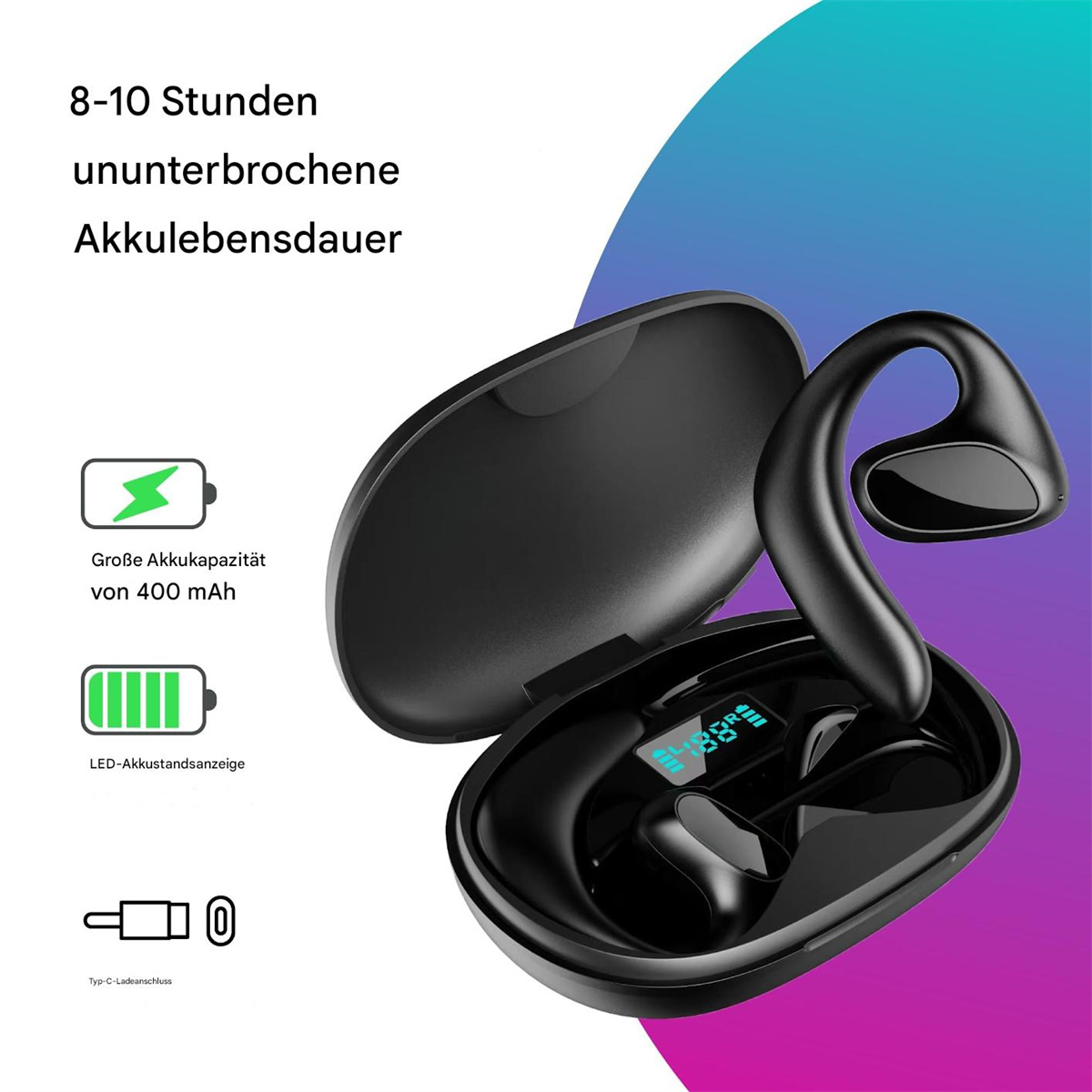 Schwarze kabellose Ohrhörer in einem Ladecase mit C-Typ-Ladegerät und Akku-Icons.