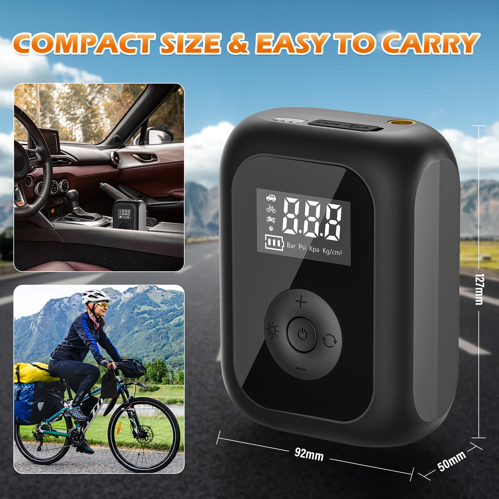Schwarze Luftpumpe mit Display, Seitenansicht des Autoinnenraums und Fahrradfahrer.