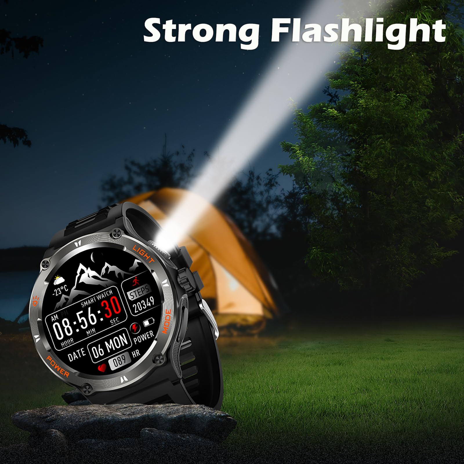 Smartwatch zeigt Zeit und Schritte mit Taschenlampe an. Uhr mit dunklem Hintergrund, in der Natur.
