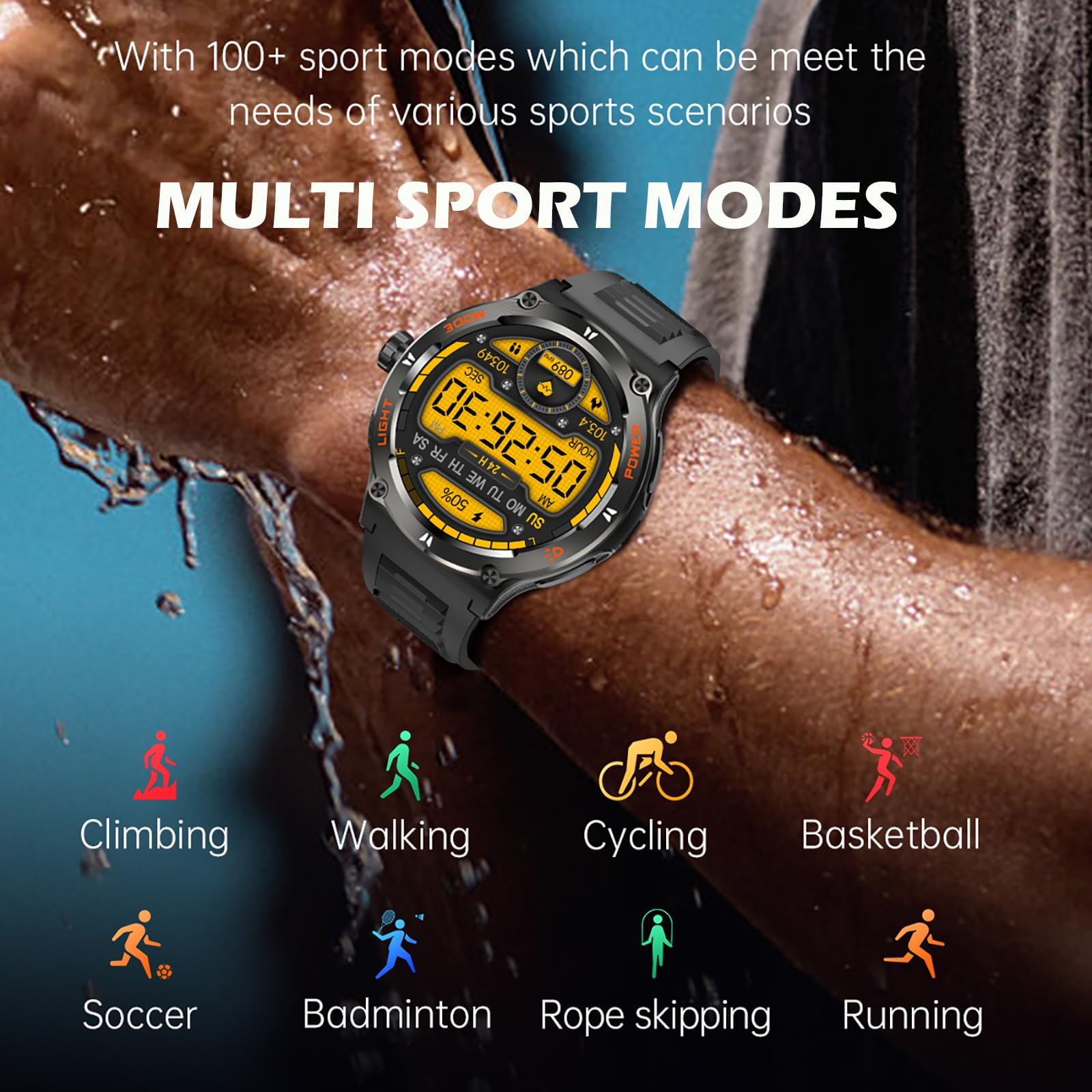 Das Handgelenk einer Person mit einer Sport-Smartwatch. Symbole für sportliche Aktivitäten herum.