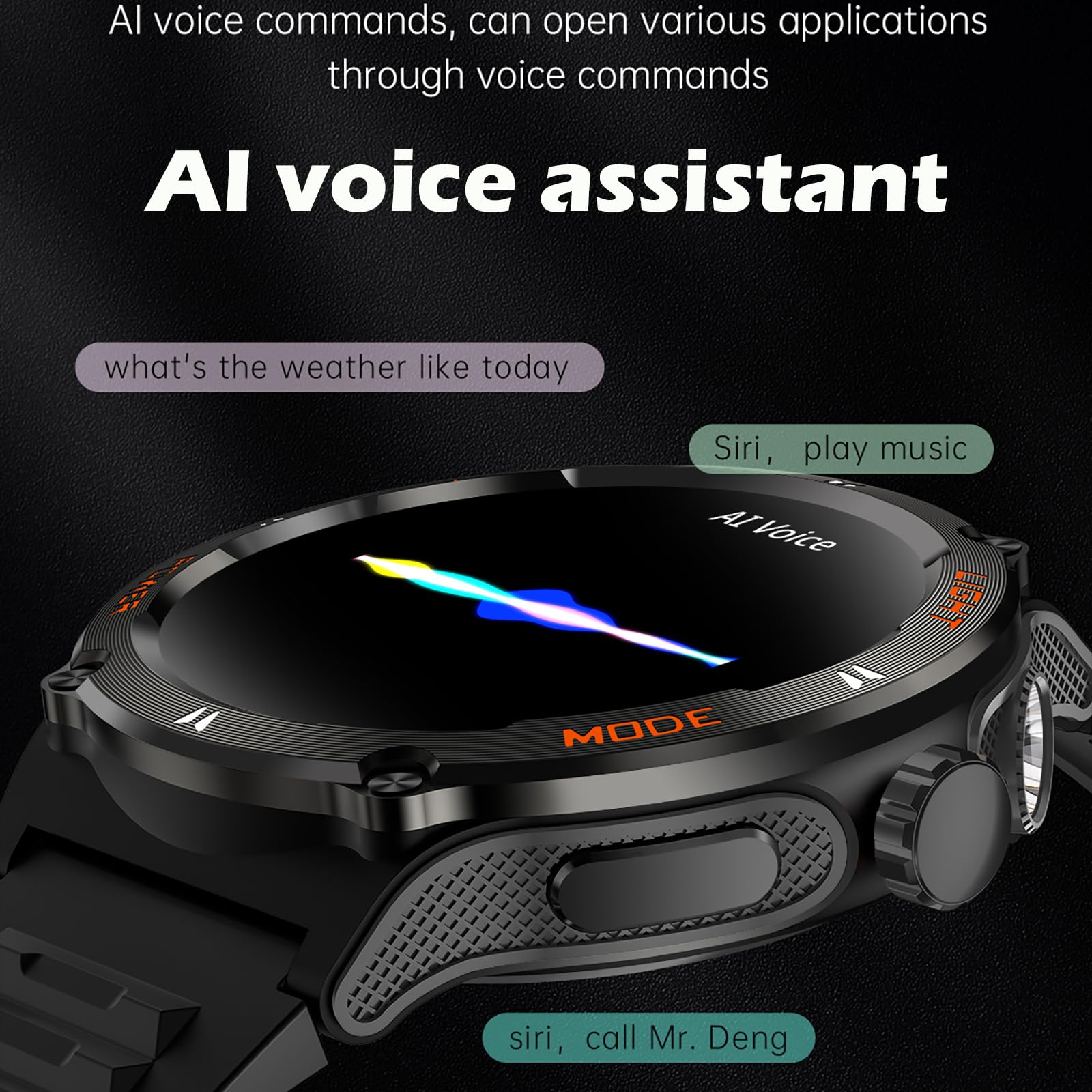 Smartwatch mit KI-Sprachassistenten-Oberfläche wird angezeigt. Textaufforderungen sind auf dem Bildschirm.