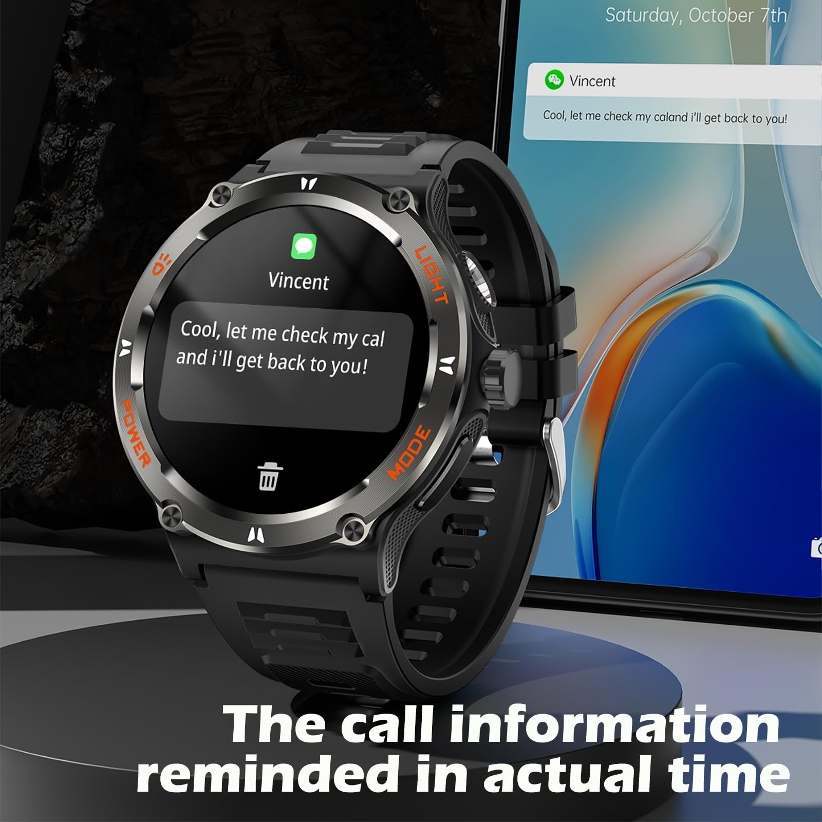 Smartwatch zeigt eine Nachricht: „Cool, lass mich meinen Kalender checken und ich melde mich!“ auf einem Telefonbildschirm.