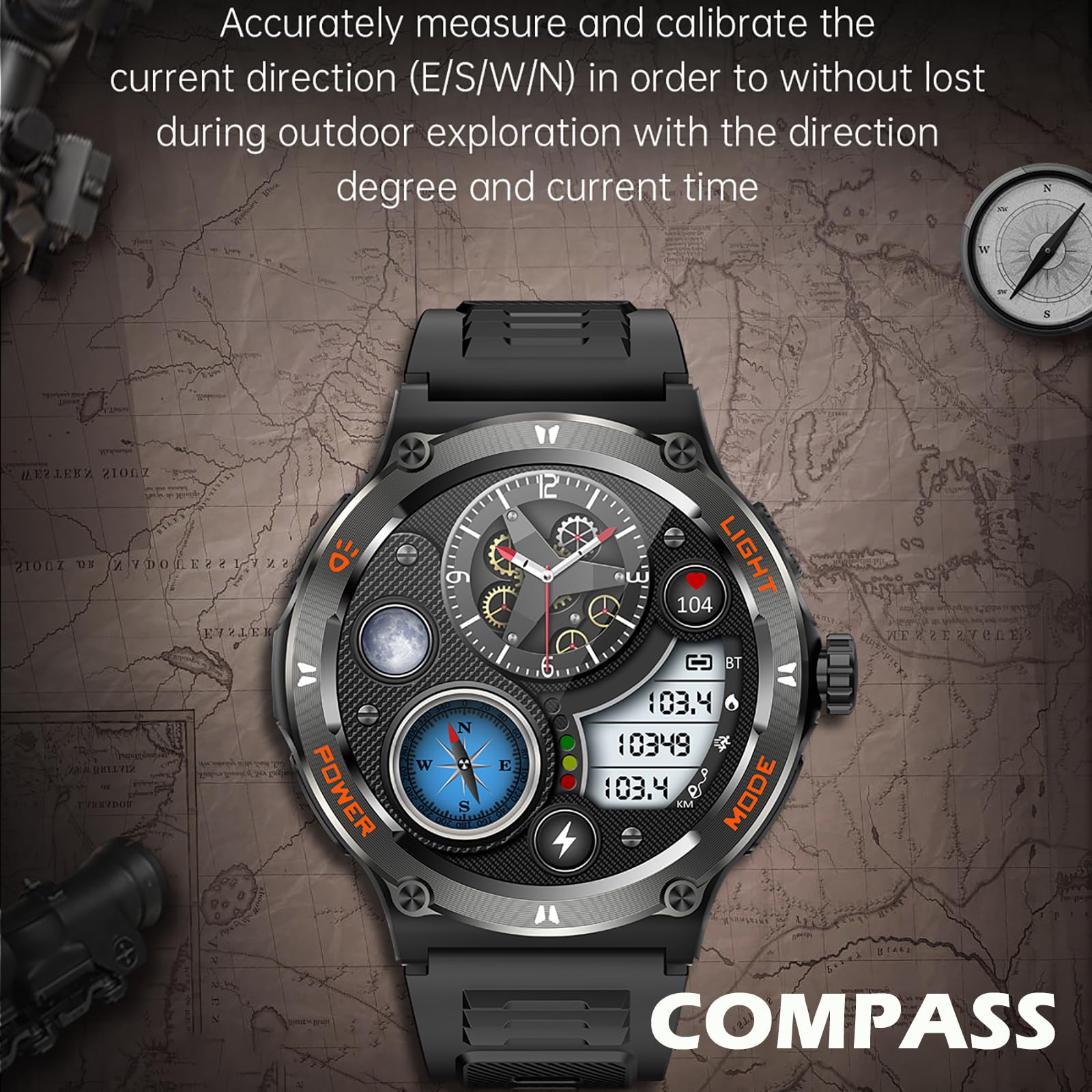 Smartwatch mit Kompass auf dem Bildschirm, vor Weltkartenhintergrund.