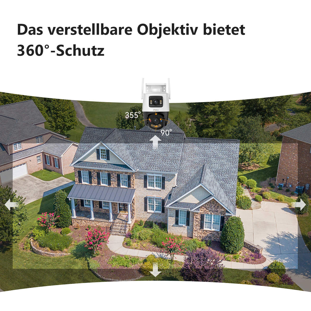 Eine Überwachungskamera an einem Haus mit Text: 360°-Schutz. Der Hintergrund zeigt ein Vorortgebiet.
