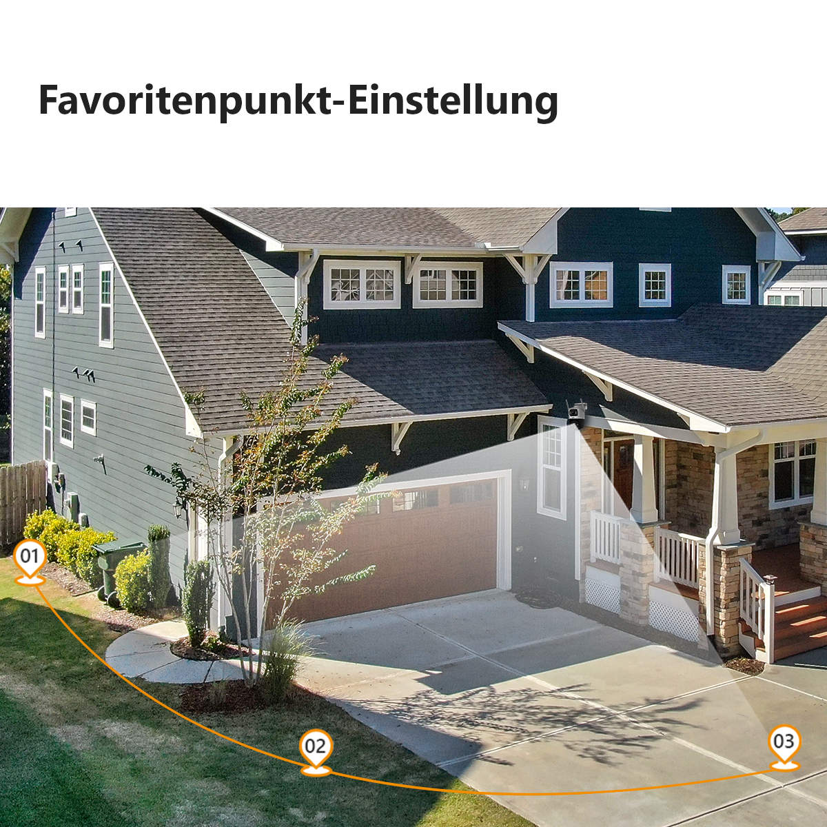 Hausaußenansicht mit einem Scheinwerfer. Ein orangefarbener Pfad weist den Weg.