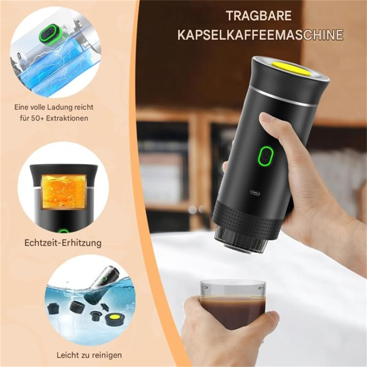 Tragbare Kapsel-Kaffeemaschine mit Erklärungsdiagrammen und Kaffeeglas.