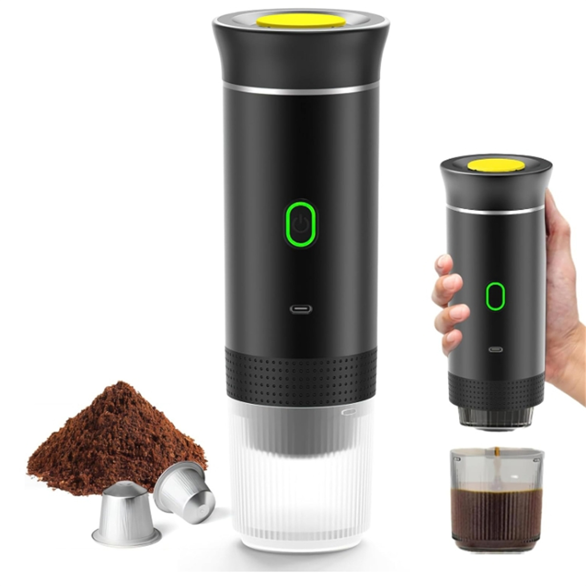 Schwarze und transparente Kaffeemaschine mit Kapseln, Kaffeepulver und einer Kaffeetasse. Grüner Einschaltknopf.