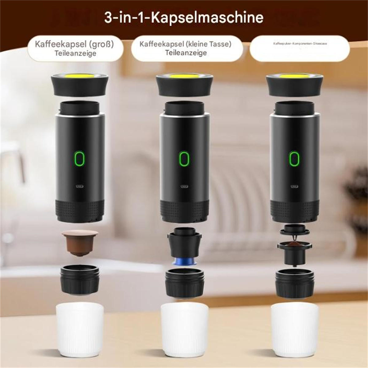 Drei zerlegte Kaffeemaschinen mit Komponenten und Bechern, weißer Hintergrund.