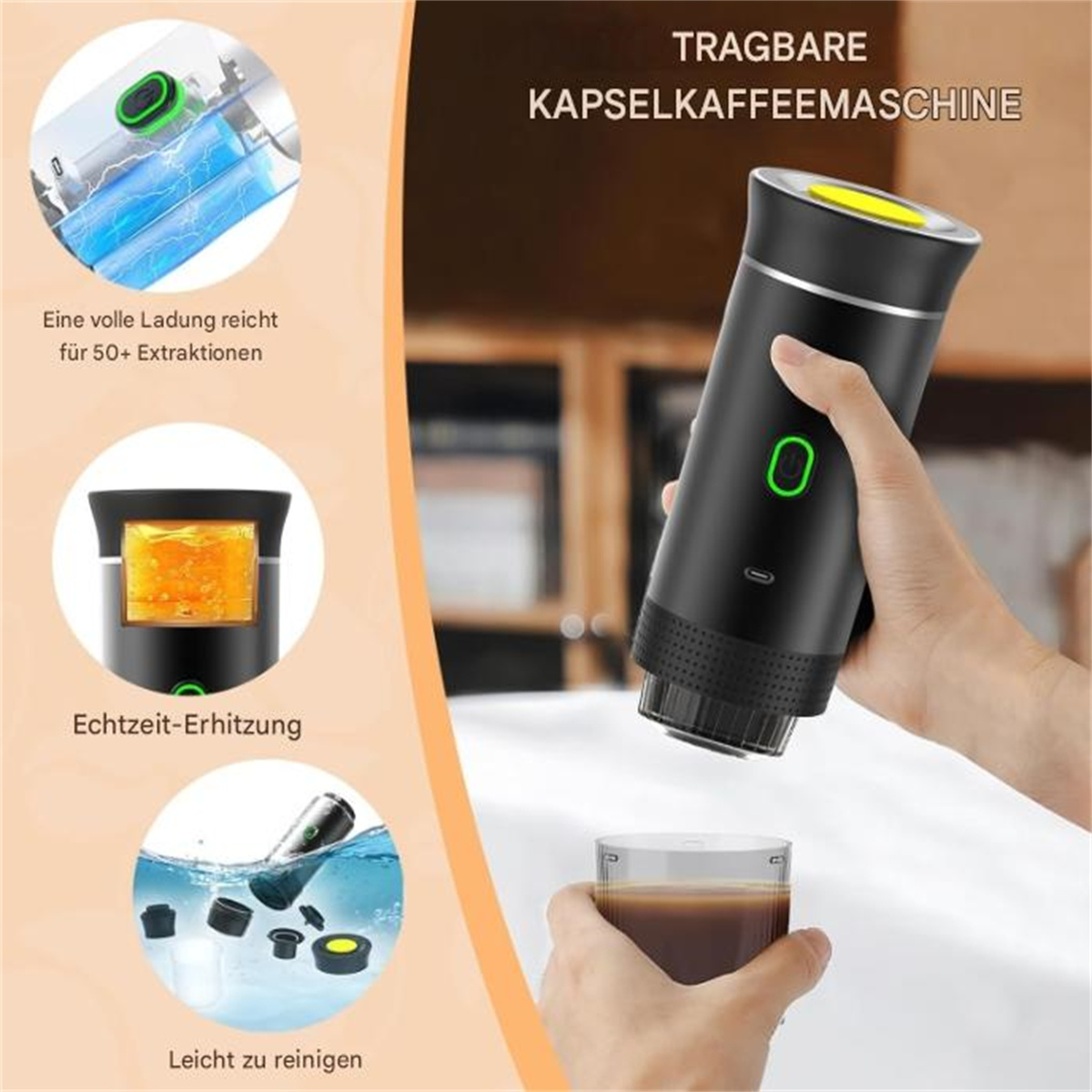 Tragbare Kapsel-Kaffeemaschine mit Details zu Extraktion und Reinigung.