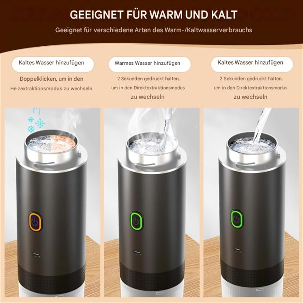 Drei Bilder, die ein Gerät mit Knöpfen und Dampf zeigen. Anweisungen zur Verwendung von heißem und kaltem Wasser sind enthalten.