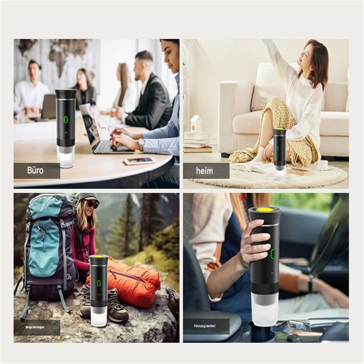 Vier Bilder, die ein tragbares Luftqualitätsmessgerät in verschiedenen Umgebungen zeigen: Büro, Zuhause, im Freien und im Auto.