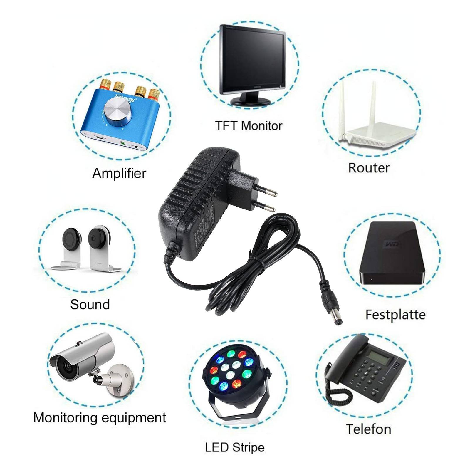 Eine Sammlung elektronischer Geräte, darunter ein Verstärker, Monitor, Router und Überwachungsausrüstung.
