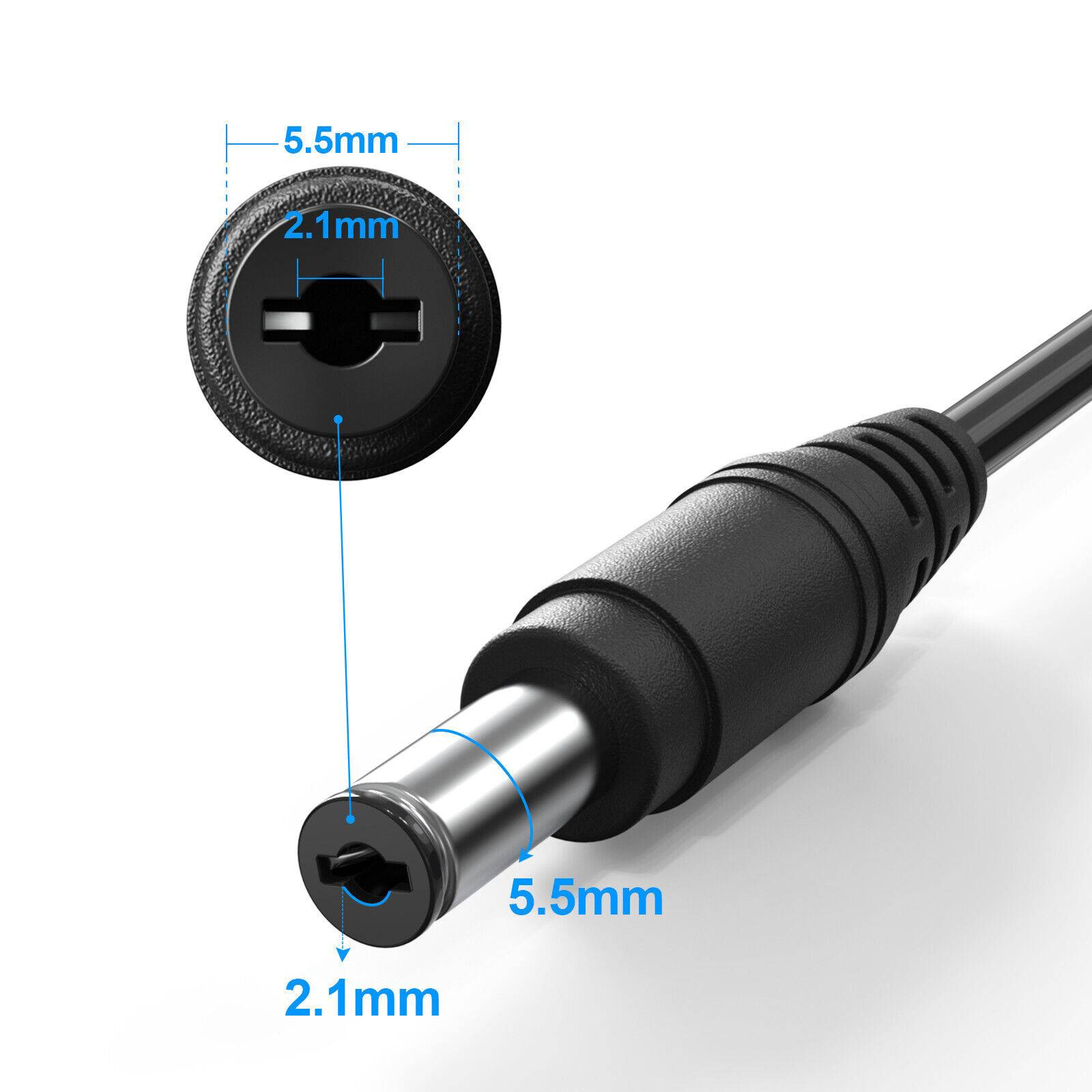 Detailansicht eines schwarzen Stromanschlusses mit Stift und Abmessungen in mm.