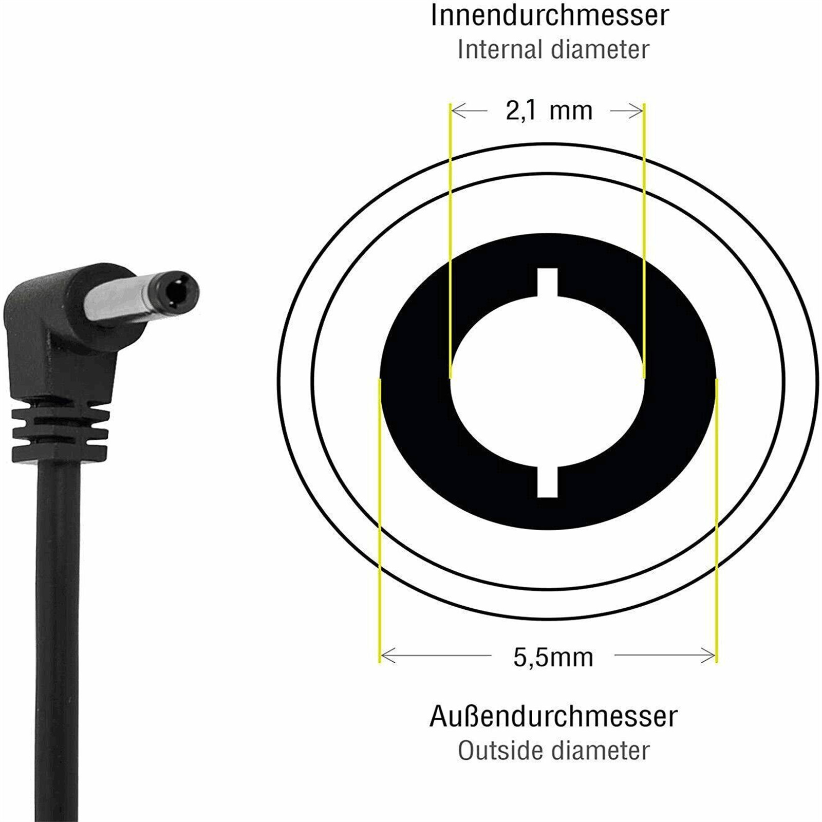 Nahaufnahme eines schwarzen Netzteils mit Messungen des Innen- und Außendurchmessers.