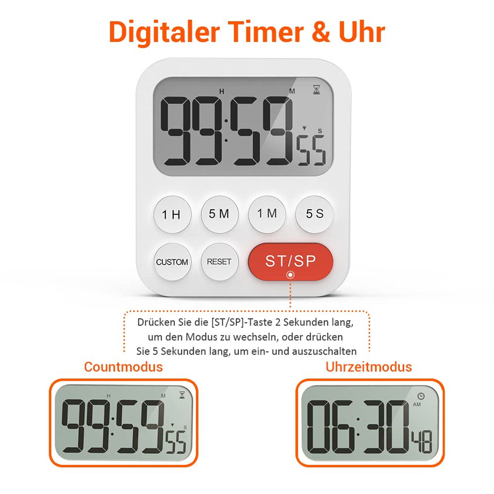 Digitaler Küchentimer mit Zeiteinstellungstasten. Display zeigt die Zeit. Text: Digitaler Timer & Uhr.