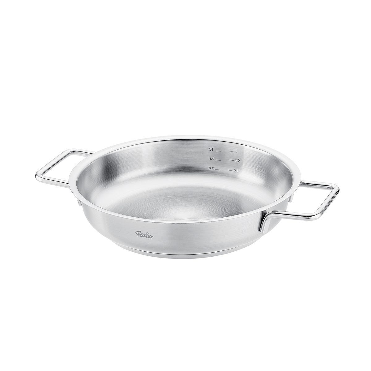 Padella Fissler in acciaio inox. Ha due manici. Sono visibili i segni QT e L.