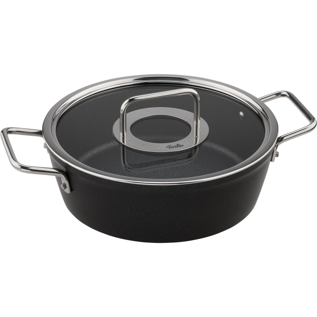 Pentola nera con coperchio in vetro e manici metallici. Il coperchio ha una maniglia al centro. "Fissler" è scritto sul coperchio.