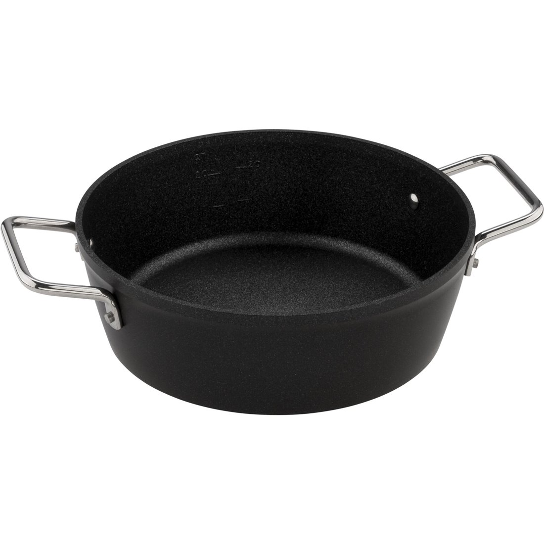 Un wok in acciaio inossidabile con coperchio in vetro e due manici.