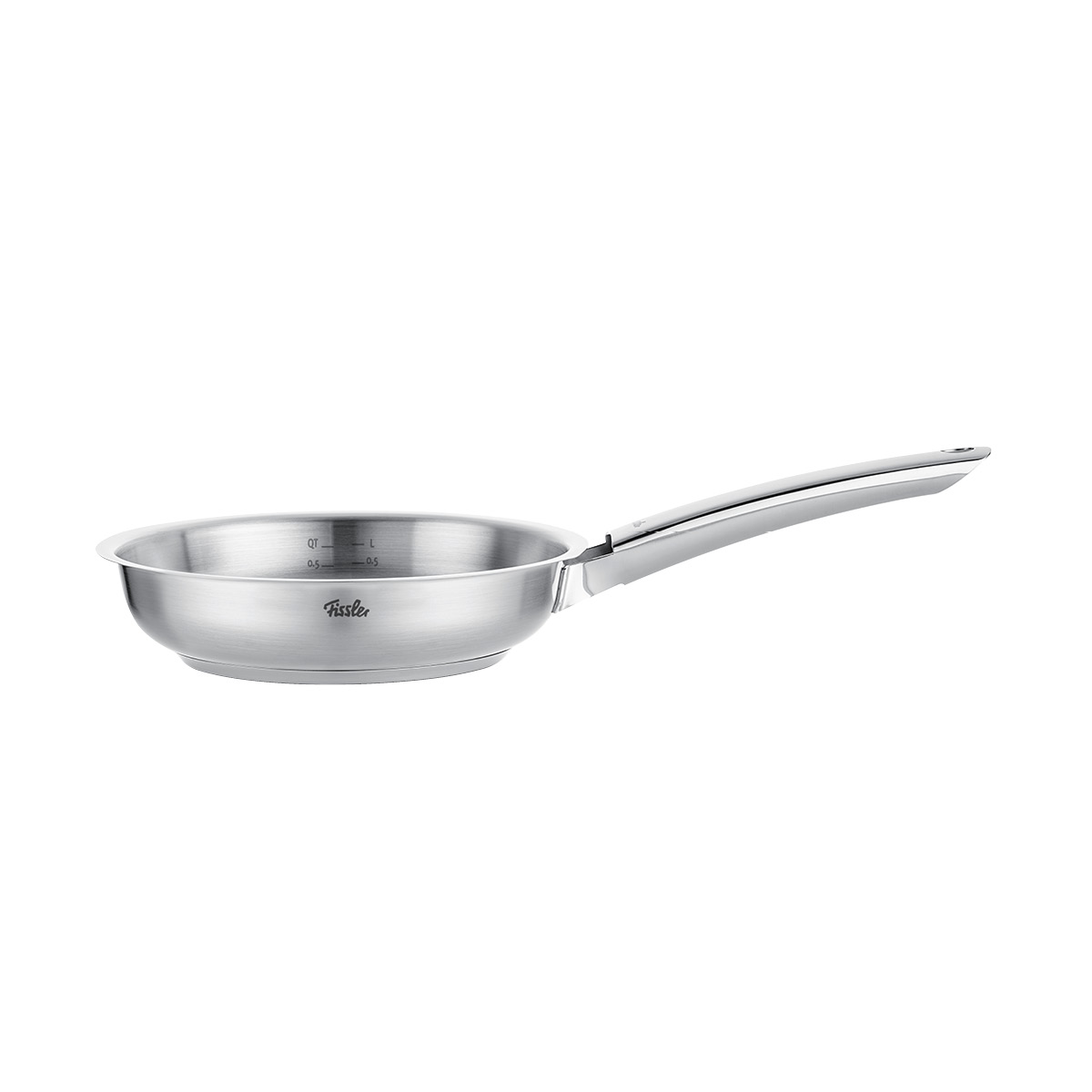 Padella in acciaio inox con manico lungo, sfondo bianco.