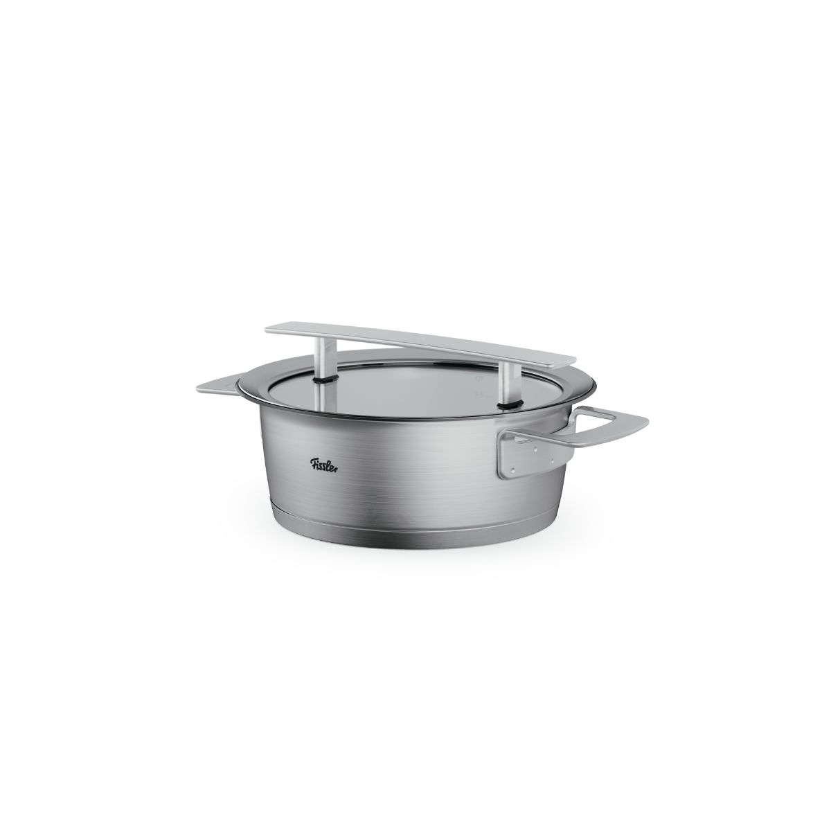 Pentola in acciaio inox con coperchio, su sfondo bianco. Il coperchio ha un manico.
