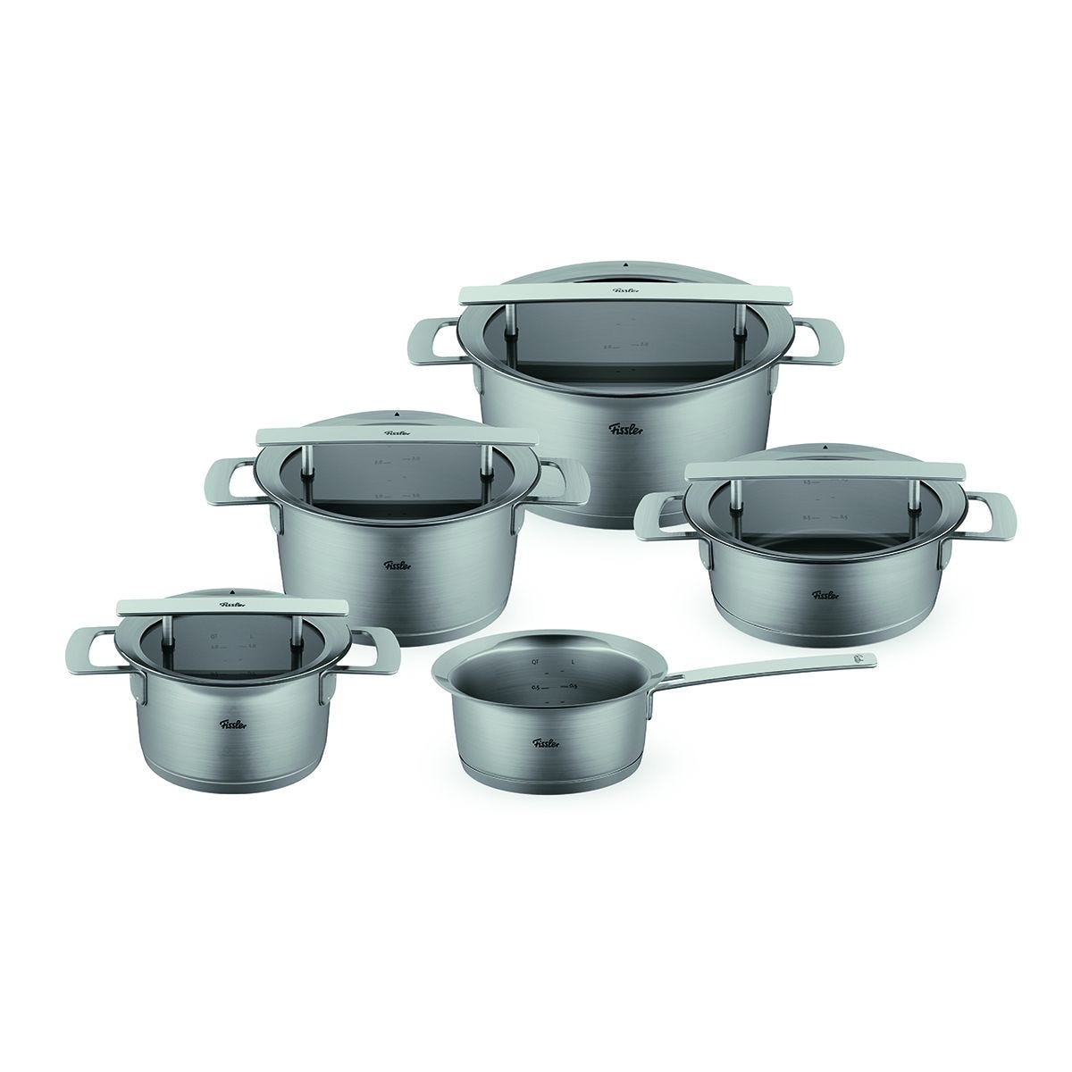 Set di pentole e padelle in acciaio inox su sfondo bianco.