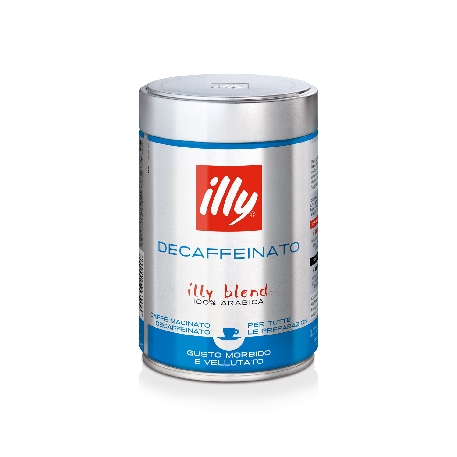 Una lattina di caffè Illy Decaffeinato con coperchio metallico ed etichetta blu.