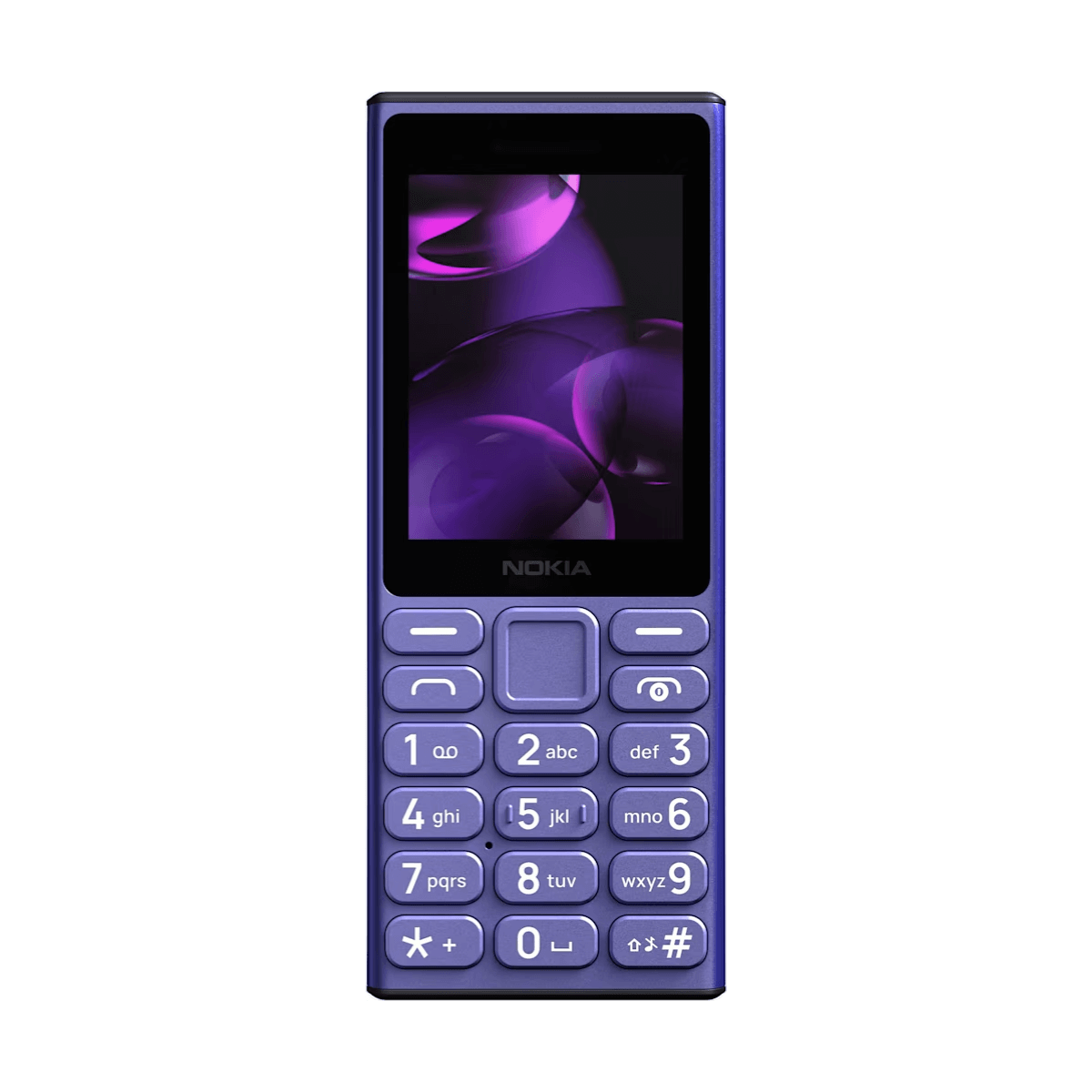 Telefono Nokia viola. Ha una tastiera con un piccolo schermo. La parola Nokia è mostrata.