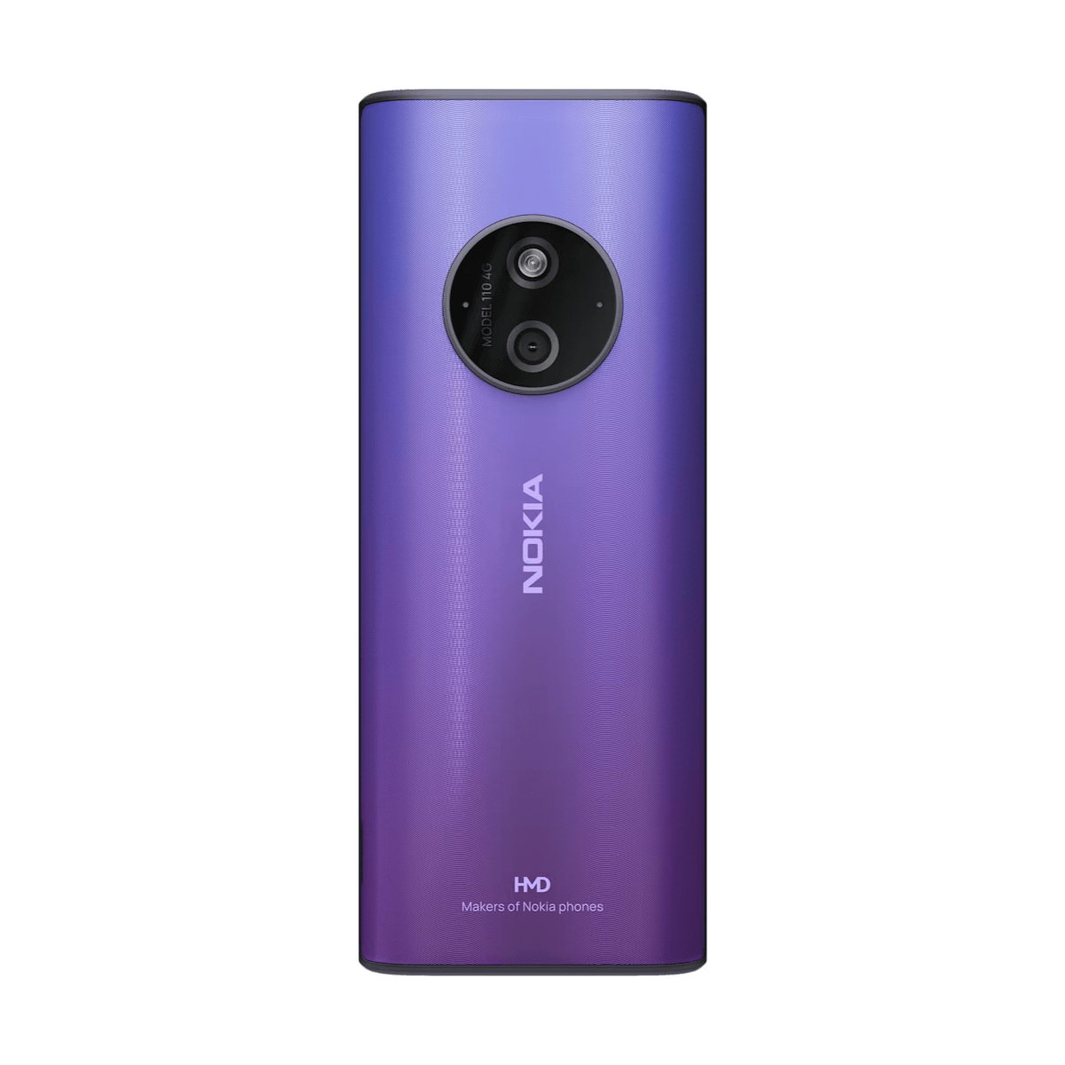 Smartphone Nokia viola con doppia fotocamera sul retro, con logo Nokia.