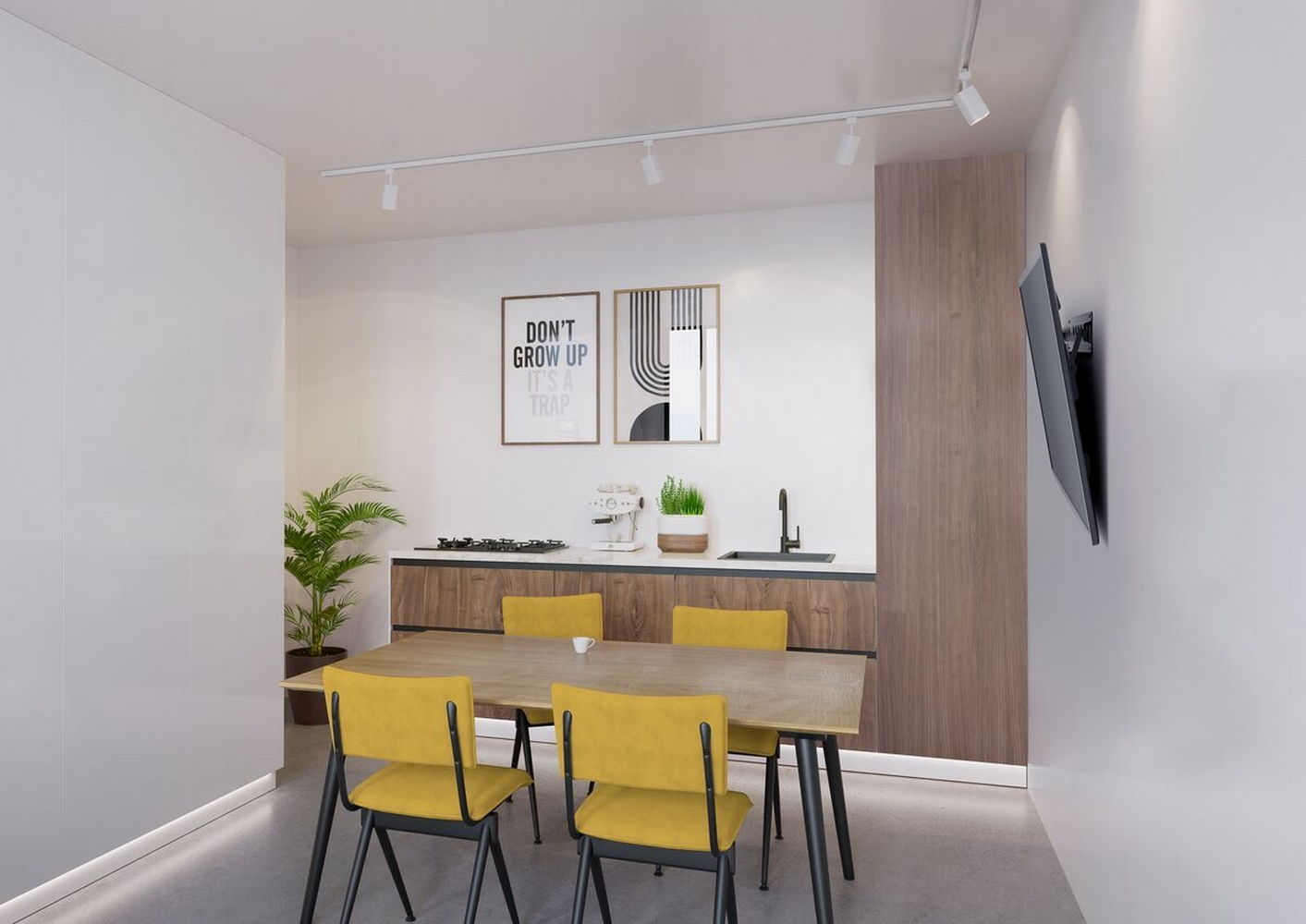 Modernes Kücheninterieur mit Tisch und Stühlen. Kunstwerk und ein Fernseher an der Wand.